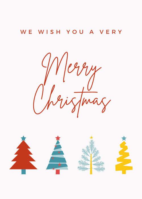 Four different illustrated Christmas trees in red teal silver and yellow on white background with We Wish You a Very Merry Christmas script