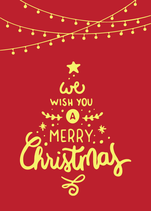 Yellow hand-drawn Christmas tree and strings of lights on a red background
