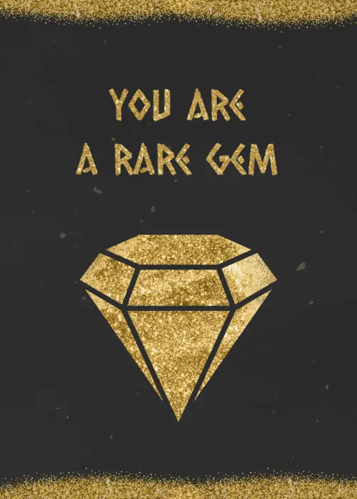 Gold glitter diamond on a black background with rare gem appreciation text