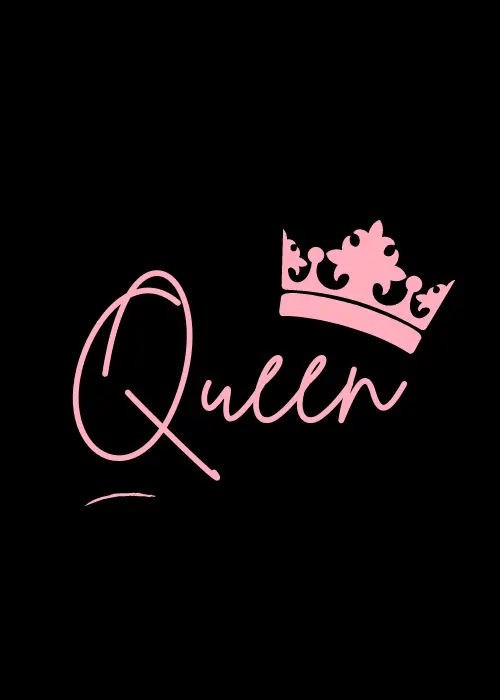 Black appreciation card with pink cursive Queen and a delicate pink crown illustration above the text