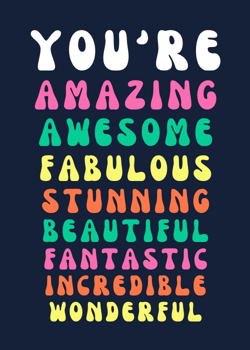 Group appreciation card with colorful retro bubble lettering on a dark navy background listing praise words including Amazing Awesome Fabulous Stunning Beautiful Fantastic Incredible and Wonderful