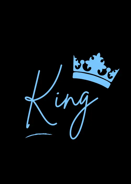 Black appreciation card with light blue cursive King and a blue crown illustration above the text