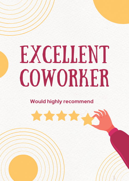 Coworker appreciation card on light cream textured background styled as five-star online review with bold dark red EXCELLENT COWORKER serif text Would highly recommend gray subtitle five golden star outlines and illustrated hand placing fifth star