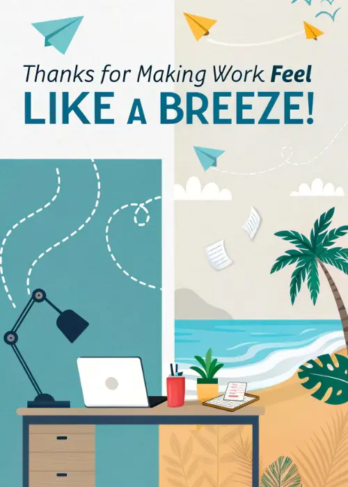 Split scene showing an office desk with lamp and monitor on the left transitioning to a tropical beach with palm tree on the right, paper airplanes flying above, with bold text Thanks for Making Work Feel Like A Breeze