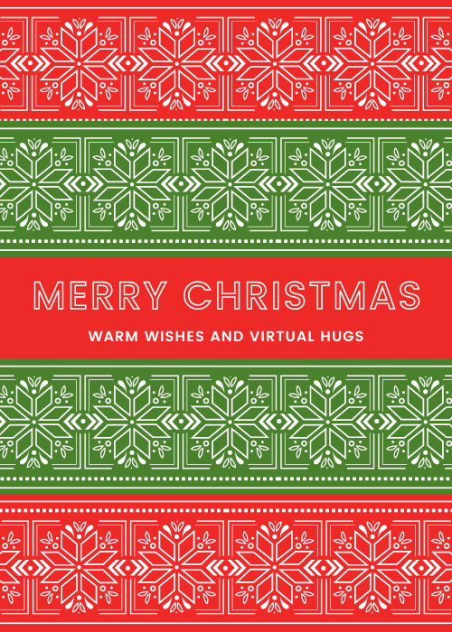 Traditional snowflake pattern in red and green with merry christmas text