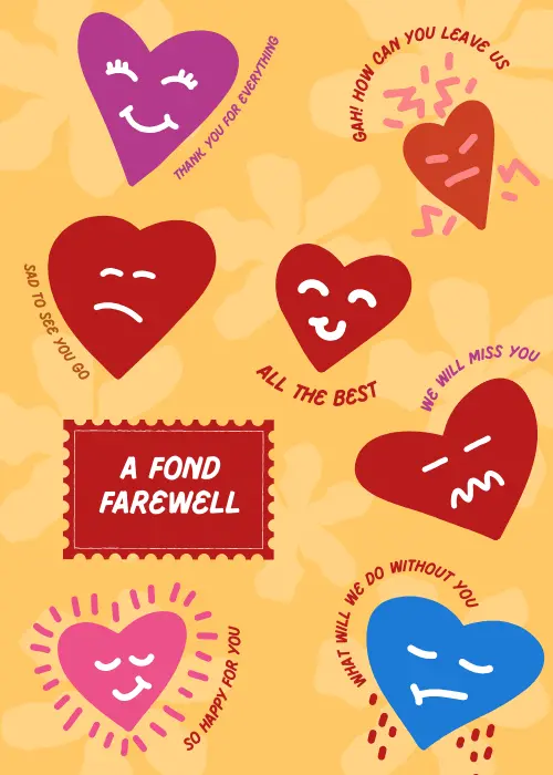 Illustrated heart-shaped characters in a warm fond farewell scene with goodbye messaging