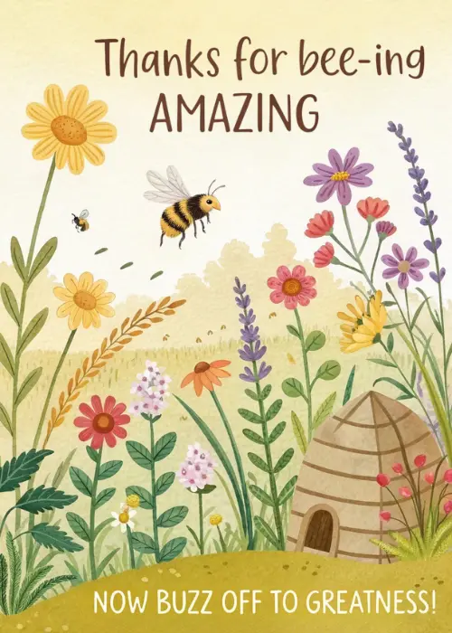 Illustrated farewell card with lush wildflower meadow daisies poppies tall grasses two illustrated bees and beehive on cream yellow background with Thanks for Bee-ing Amazing Now Buzz Off to Greatness text