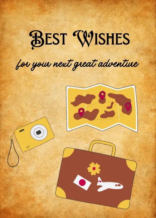 Parchment-toned farewell card with illustrated travel items including a map with route pins, a vintage brown suitcase with travel stickers, and a yellow camera, under Gothic and script text reading Best Wishes for your next great adventure