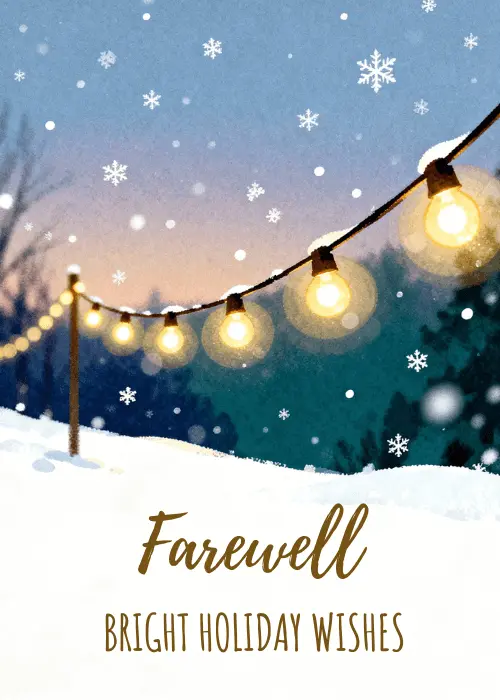Glowing fairy lights over a snowy forest landscape with farewell text