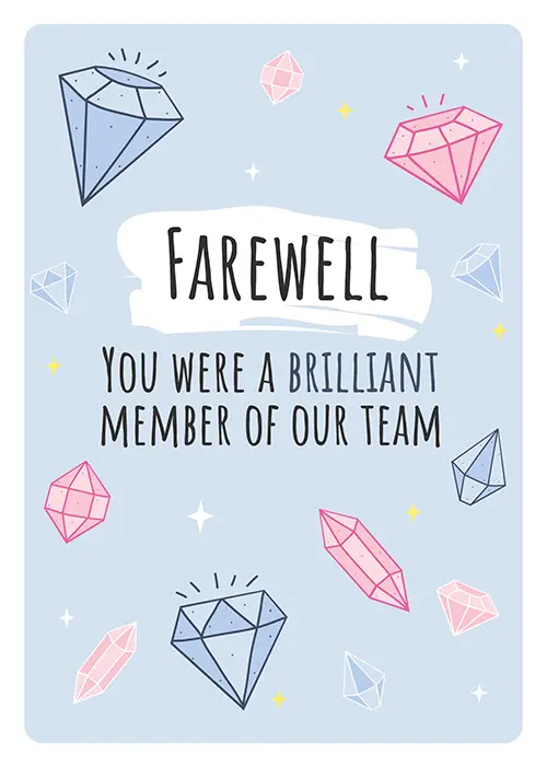 Farewell card on soft powder blue background with scattered illustrated gem and crystal diamond shapes in dark navy outline and bright pink coral fill with yellow sparkle stars and Farewell on white brushstroke above You Were a Brilliant Member of Our Team text