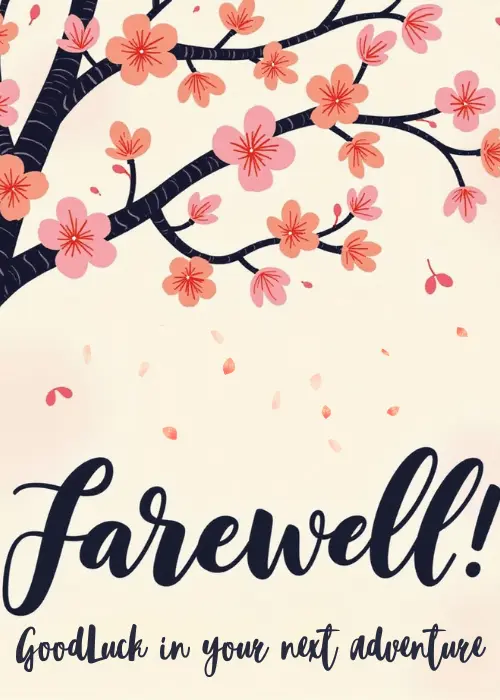 Farewell card with delicate illustrated cherry blossom branches in soft pink and white against a clean background, with elegant farewell messaging in flowing script