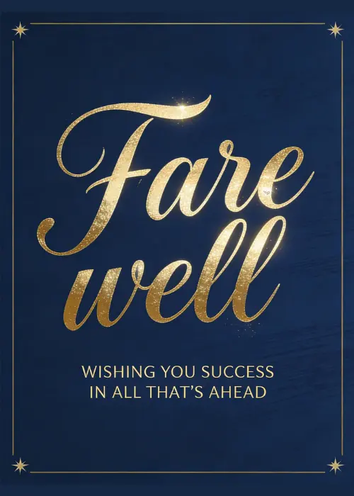 Gold script text reading Farewell Wishing You Success In All Thats Ahead on a deep navy blue background with a thin gold double-line border and four-pointed star corner accents