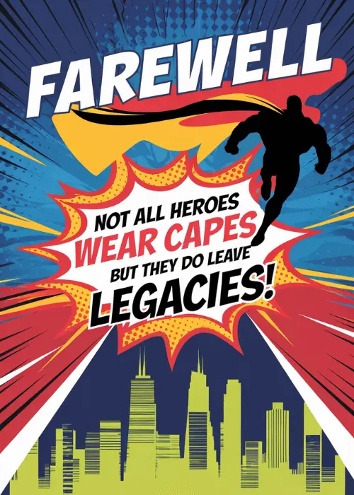 Bold comic book style farewell card with pop-art illustrated panels and action typography for a dramatic goodbye
