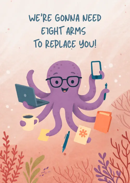 Cheerful purple octopus wearing glasses juggling office items including a laptop phone tablet coffee mug pen and notebook with all eight arms, on a soft pink watercolor background with coral plants, text reading We''re Gonna Need Eight Arms To Replace You