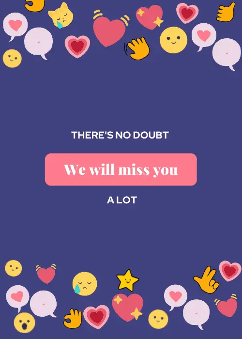 Farewell card with emoji-style illustrated characters and bold text reading We Will Miss You No Doubt with playful digital art and vibrant colors