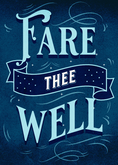 Dark teal blue farewell card with ornate hand-lettered typography reading Fare Thee Well with decorative swirls and a starry banner