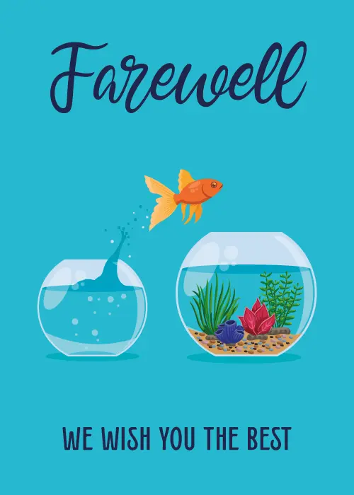 Illustrated goldfish leaving its fishbowl in a clever farewell metaphor with humorous design