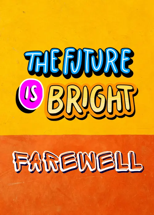 Farewell best wishes card with bold bright illustrated design featuring optimistic future imagery and inspirational text reading Wishing You a Bright Future
