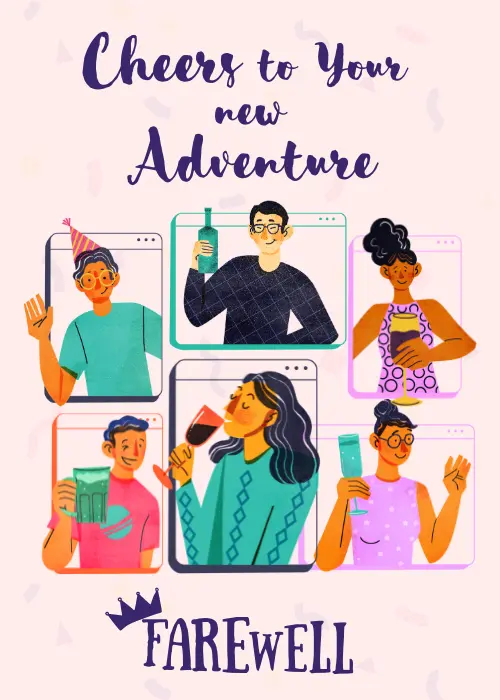 Light pink background with Cheers to Your new Adventure in large dark purple handwritten script at top, five virtual call browser window frames showing diverse illustrated characters holding drinks and waving, bold FAREWELL text with crown icon at bottom