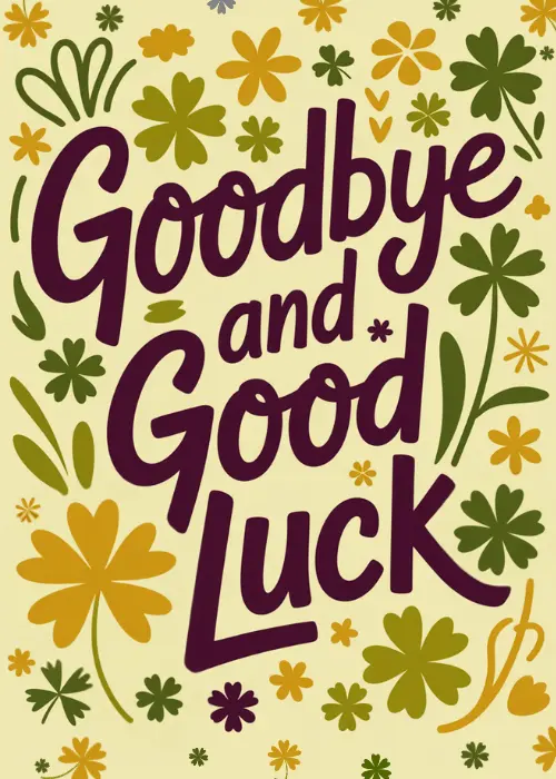 Cream card with bold maroon 'Goodbye and Good Luck' script surrounded by a wildflower and clover border