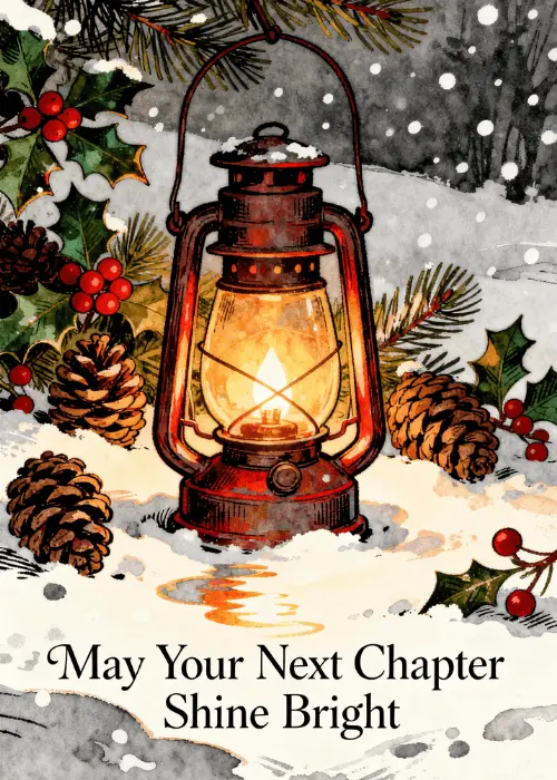 Glowing vintage lantern in a snowy winter scene with farewell text