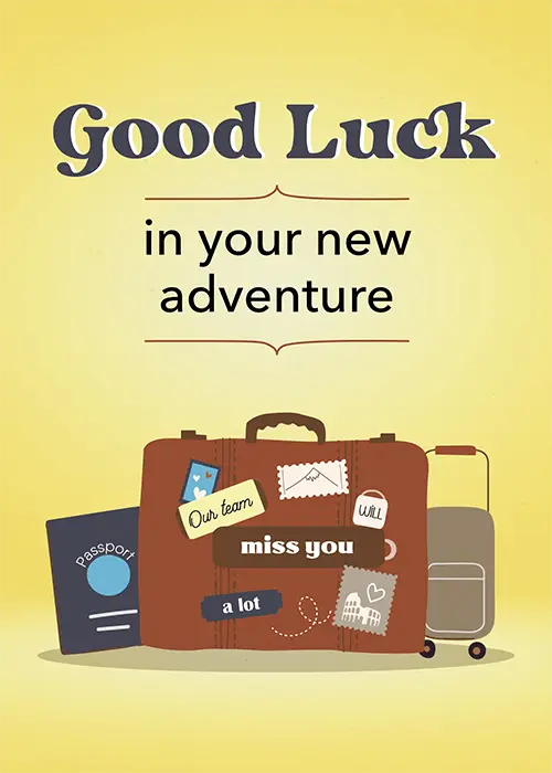 Farewell new adventure card with bold illustrated design featuring adventure-themed elements like mountains stars or compass and uplifting text reading A New Adventure Awaits