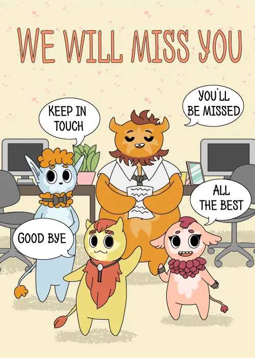 Cute illustrated monster characters in an office with speech bubbles saying Keep In Touch Good Bye and All The Best