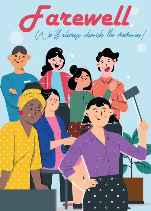 Farewell card with warm illustrated design and heartfelt text about cherishing memories with flowing script and supportive decorative elements for a meaningful goodbye
