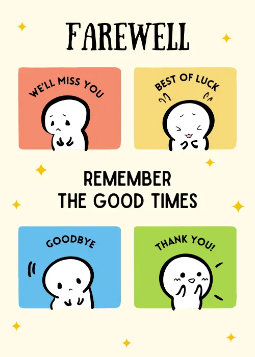 Farewell card on cream background with four colored panels showing cute round cartoon characters expressing We'll Miss You Best of Luck Goodbye and Thank You around center text Remember the Good Times