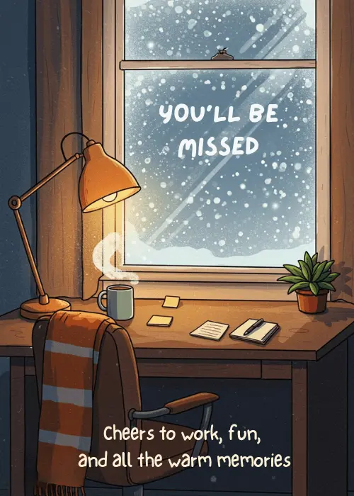 Farewell card with illustrated cozy indoor night scene wooden desk glowing orange lamp books coffee cup and frosted snowy window with You'll Be Missed written in the glass