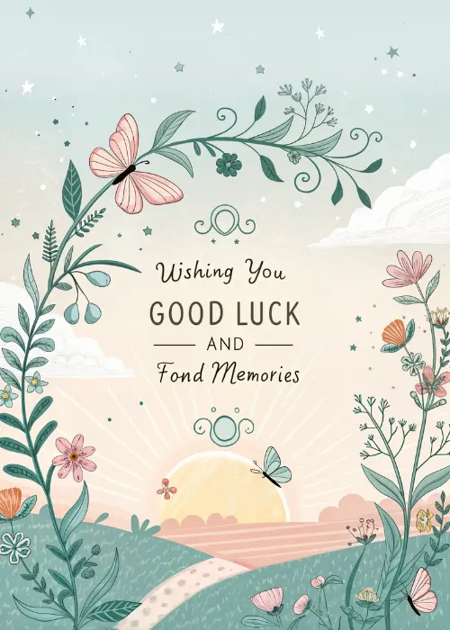 Farewell card with warm illustrated design featuring good luck and goodbye messaging with memory-themed accents celebrating a meaningful departure