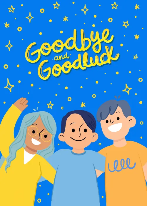 Farewell card with goodbye and good luck text in warm colorful illustrated design
