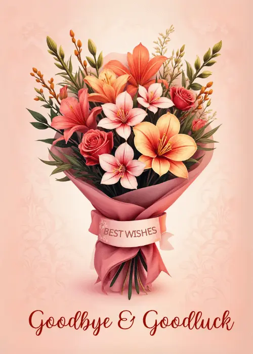Soft peach card with a 3D watercolour bouquet of orange lilies and pink roses, a 'BEST WISHES' ribbon, and 'Goodbye & Goodluck' text