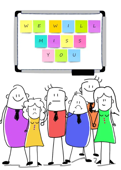 Farewell card on white background showing a whiteboard with colorful sticky notes spelling We Will Miss You above five stick figure colleagues in colorful outfits