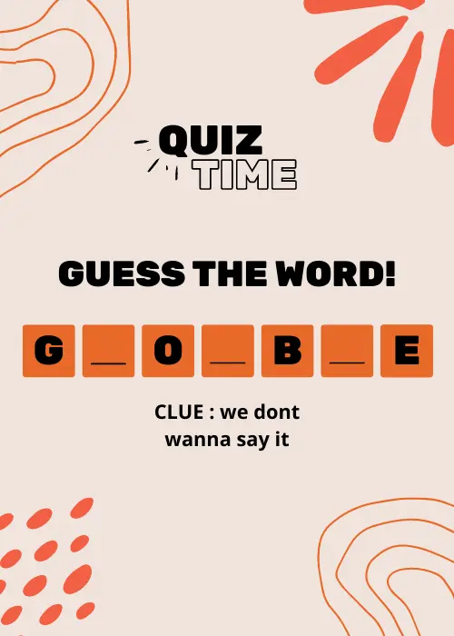 Cream card with coral shapes, 'QUIZ TIME / GUESS THE WORD!' text, and letter tiles showing G, blank, O, blank, B, blank, E spelling GOODBYE