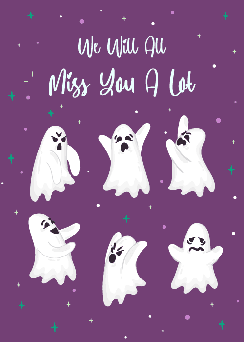 Expressive ghosts on a purple background with miss you text