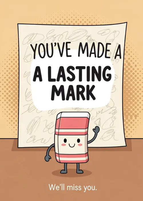 Cute cartoon eraser character with rosy cheeks waving goodbye in front of a whiteboard filled with cursive scribbles, with bold text reading You Have Made A Lasting Mark and smaller text reading We will miss you