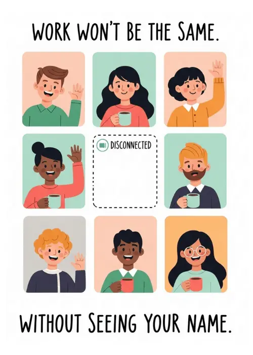 Farewell card styled as a 3x3 video call grid with eight illustrated diverse smiling colleagues in colorful tiles and one center dashed tile showing a camera icon and Disconnected for the departing team member