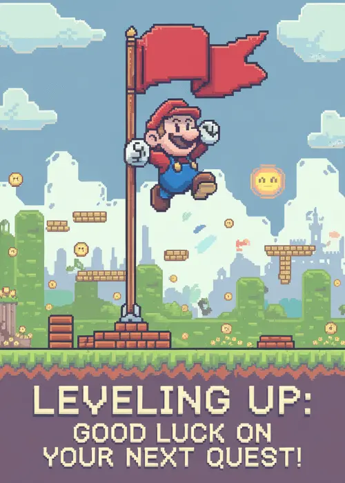 Bold gaming-themed farewell card with leveling up pixel art style design and good luck messaging for a gamer coworker