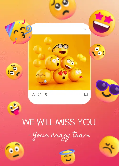 Farewell card with bold energetic illustrated design and large text reading We Will Miss You with team-themed accents and vibrant colors for a departing colleague