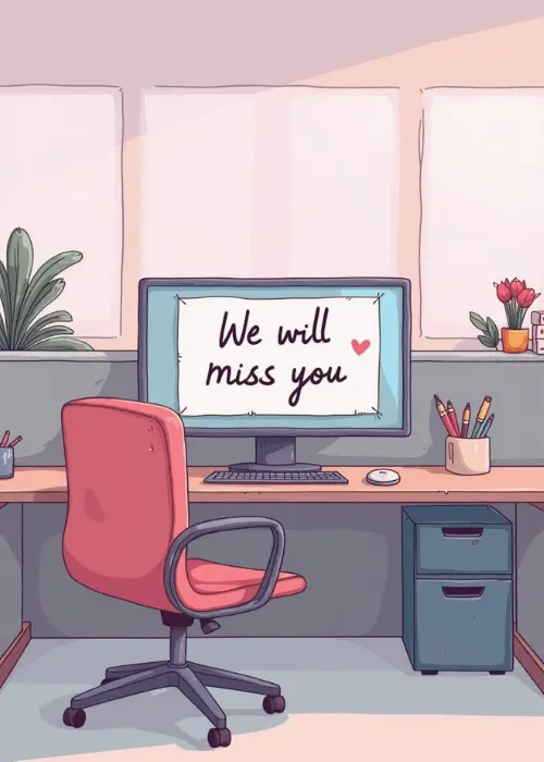 Soft illustrated farewell card showing a cozy office desk scene in pastel pink grey and warm tones with a pink swivel office chair, a monitor displaying We will miss you with a small pink heart, pencil holders coffee mug stationery potted plants tulips in a vase and a blue file cabinet, two windows with soft light in the background