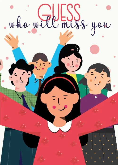 Farewell card on cream background with soft pink confetti dots featuring five illustrated diverse colleagues with woman in red dress at center front arms spread wide and four colleagues smiling and waving warmly behind her