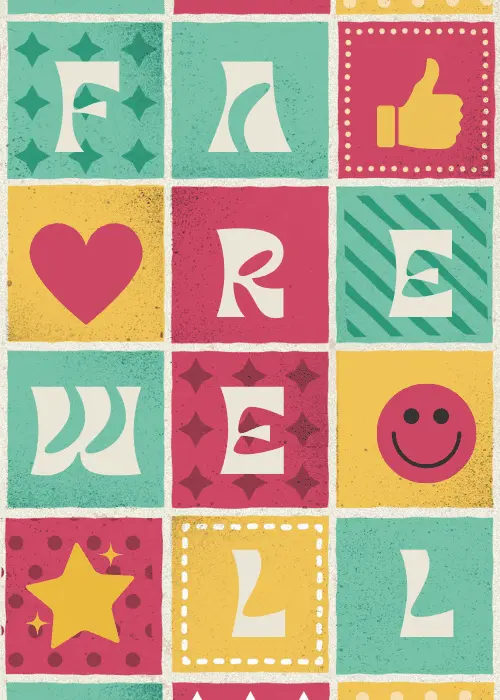 Retro grid card with teal, pink, and yellow letter tiles spelling 'FAREWELL' alongside decorative icon tiles