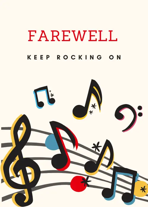 Musical farewell card with guitar illustration, music notes, and bold Keep Rocking On text