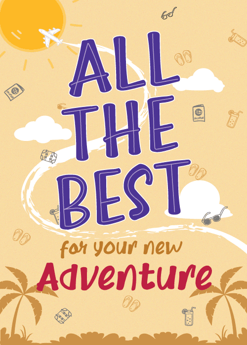 Farewell card with a warm golden background featuring bold text reading All the Best for Your New Adventure with travel icons including an airplane passport palm trees and sunglasses