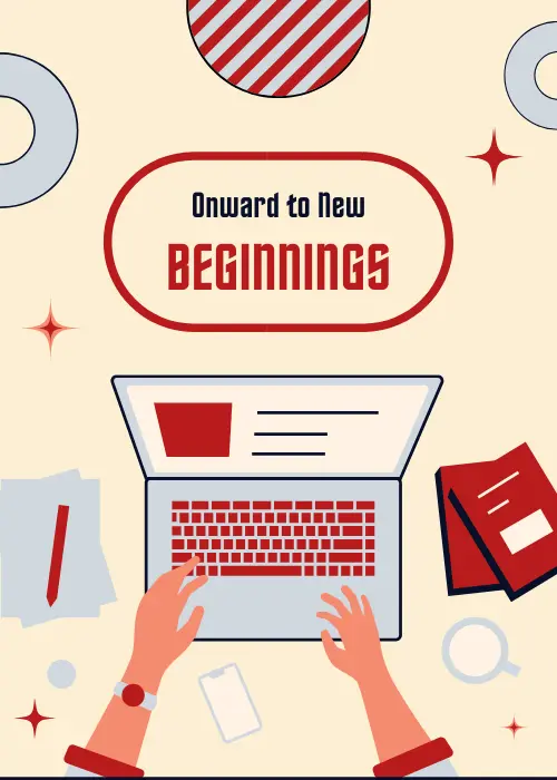 Cream greeting card with illustrated overhead flat-lay desk scene showing a laptop and books, with a red-outlined label reading "Onward to New BEGINNINGS"