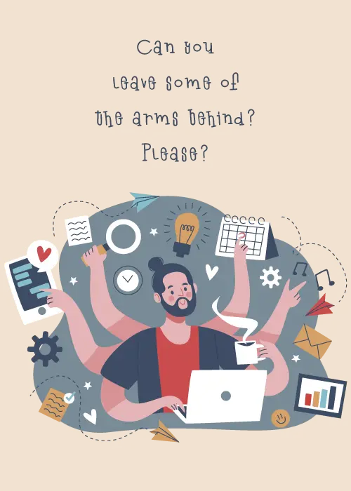 Farewell card for an office multitasker coworker with illustrated humorous elements depicting busy office life multitasking and team spirit with a heartfelt goodbye message