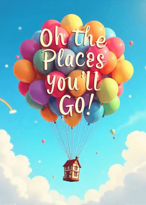 Group farewell card showing a house lifted by colorful balloons into a blue sky with the text Oh the Places You'll Go