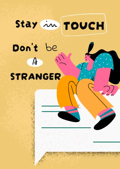 Golden farewell card with illustrated person waving and bold text reading Stay in Touch Don't be a Stranger