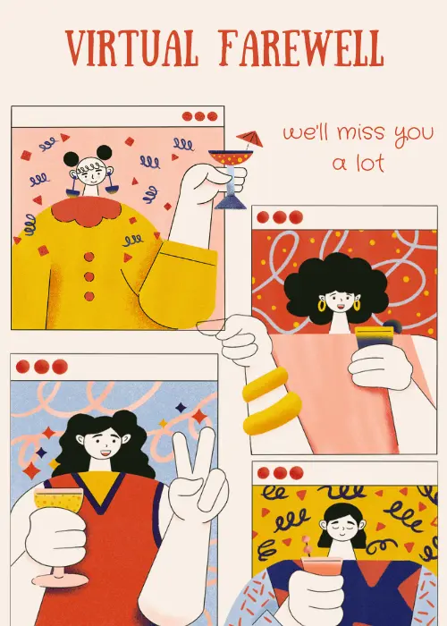 Cream background with bold VIRTUAL FAREWELL heading, four browser-style video call window frames containing diverse illustrated characters holding drinks and confetti, we'll miss you a lot in cursive script